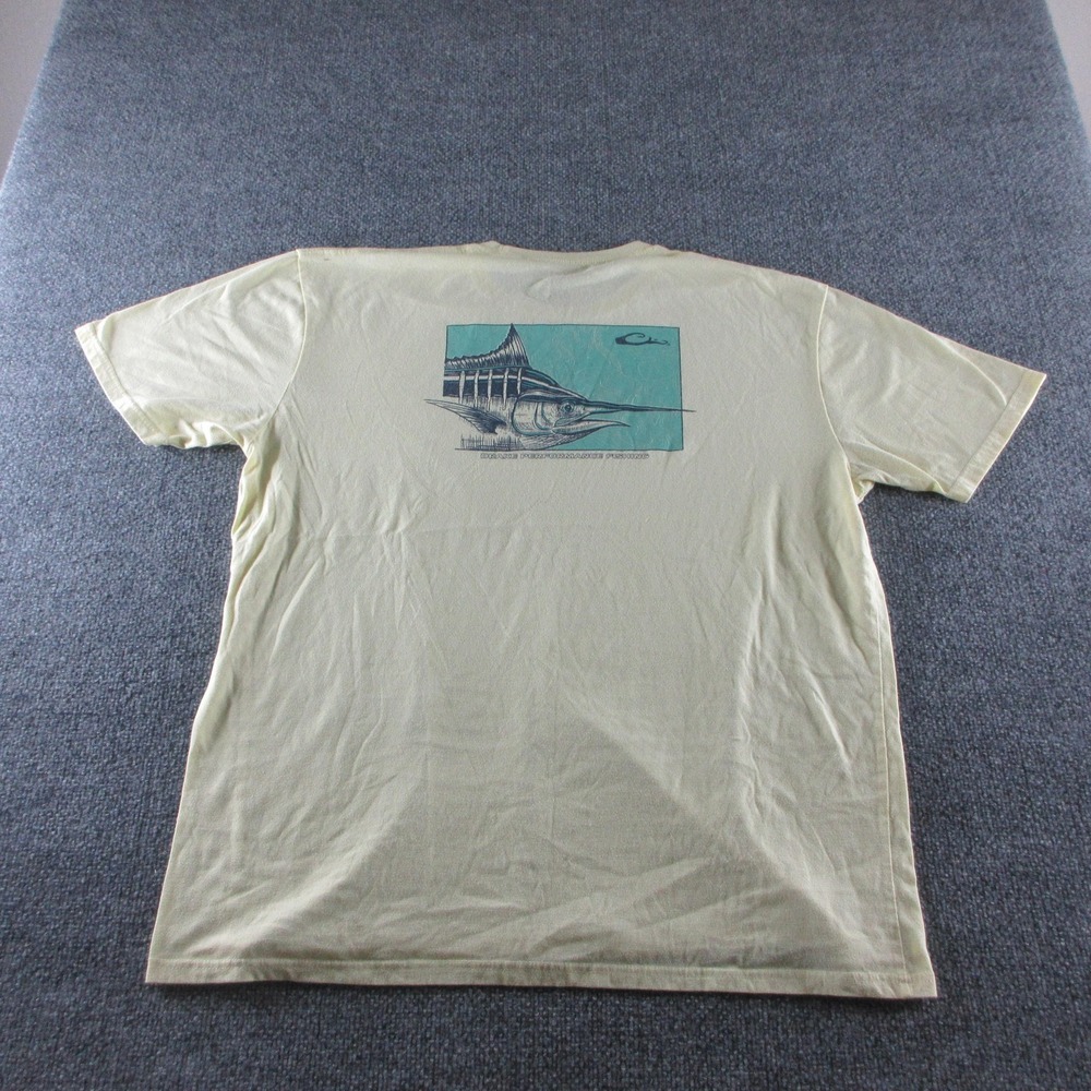 Drake Performance Fishing Shirt Mens 2XL Yellow Marlin Graphic Tee Saltwater